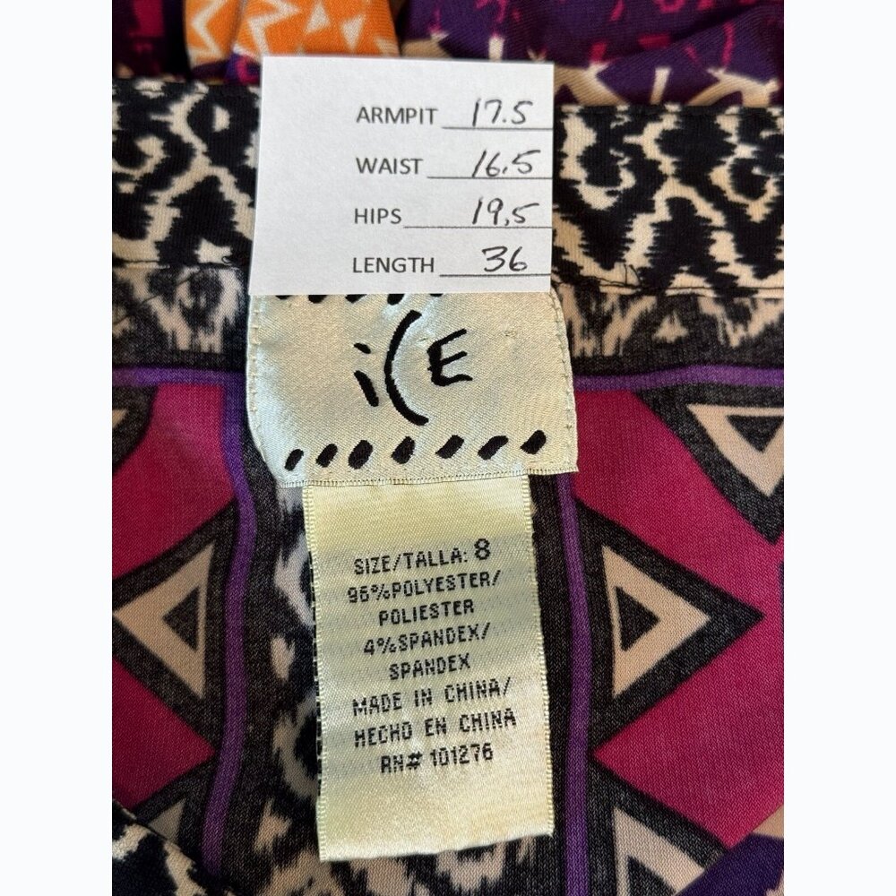 Vintage ICE Geometric Tribal Shift Dress Women’s 8 Multicolor 3/4 Sleeves Boho - Picture 2 of 7